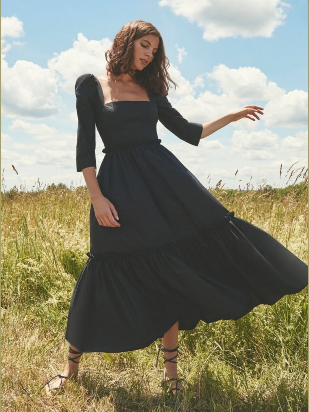 NWOT Cara Cara Black Square-Neck Midi Dress with Puff Sleeves size 8